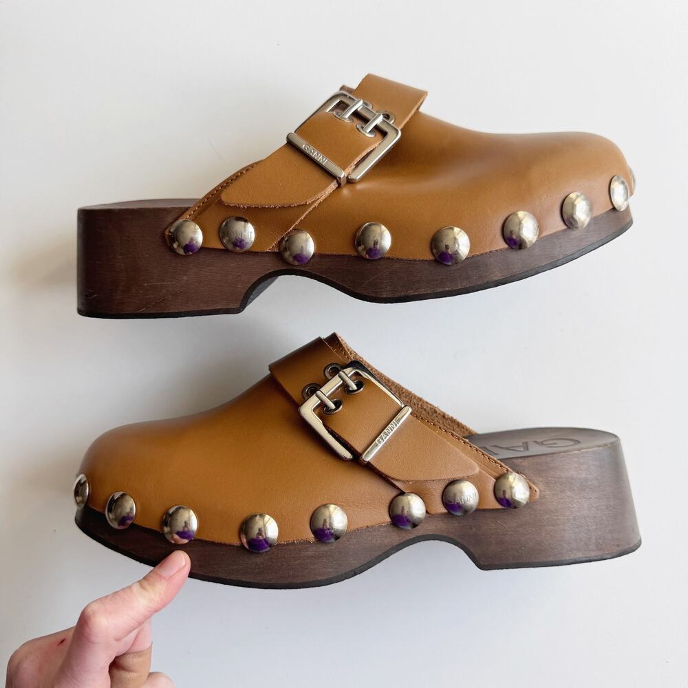 GANNI Retro Leather Studded Platform Clog Mules in Tiger Eye Brown Size 40/10 - Picture 6 of 8